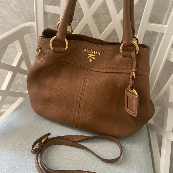 Prada Two Way Purse Handbag Vitello Pebbled Leather Caramel - Picture 7 of 13